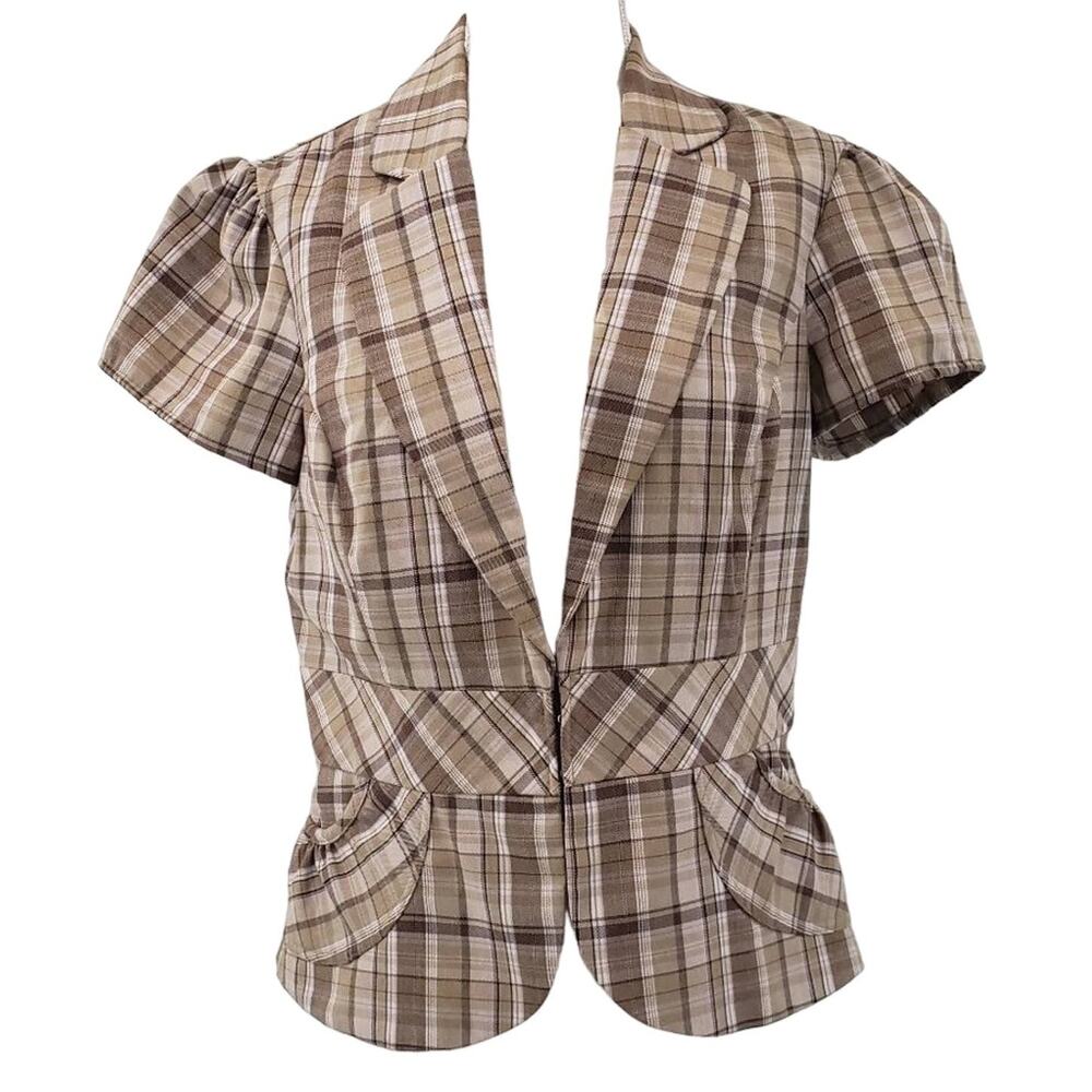 Stooshy Tan Plaid Y2K Puffy Pleat Short Sleeves Ruffle Pockets Collared Blazer L
